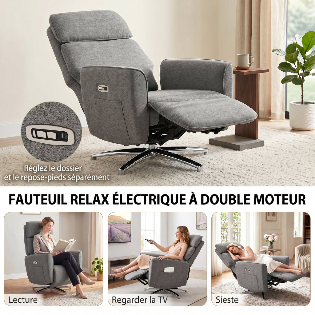 Fauteuil Relax Électrique Pivotant 360°, Fauteuil Inclinable avec Appui-Tête Réglable, Ports USB, Tissu en Lin, Gris-3