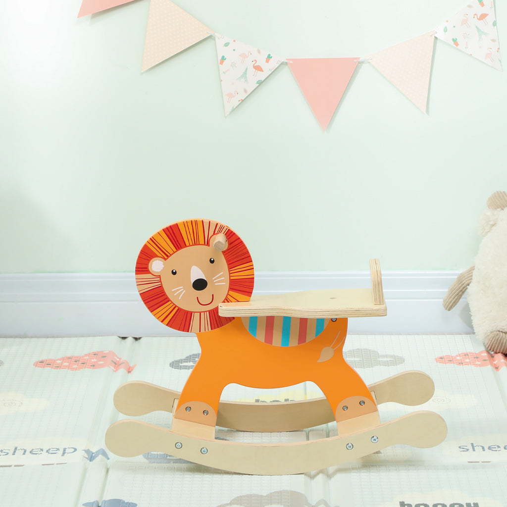 Cheval à bascule pour enfants, lion jouet à bascule bébé en bois avec guidon et base stable, 59 x 27 x 43 cm, orange-7