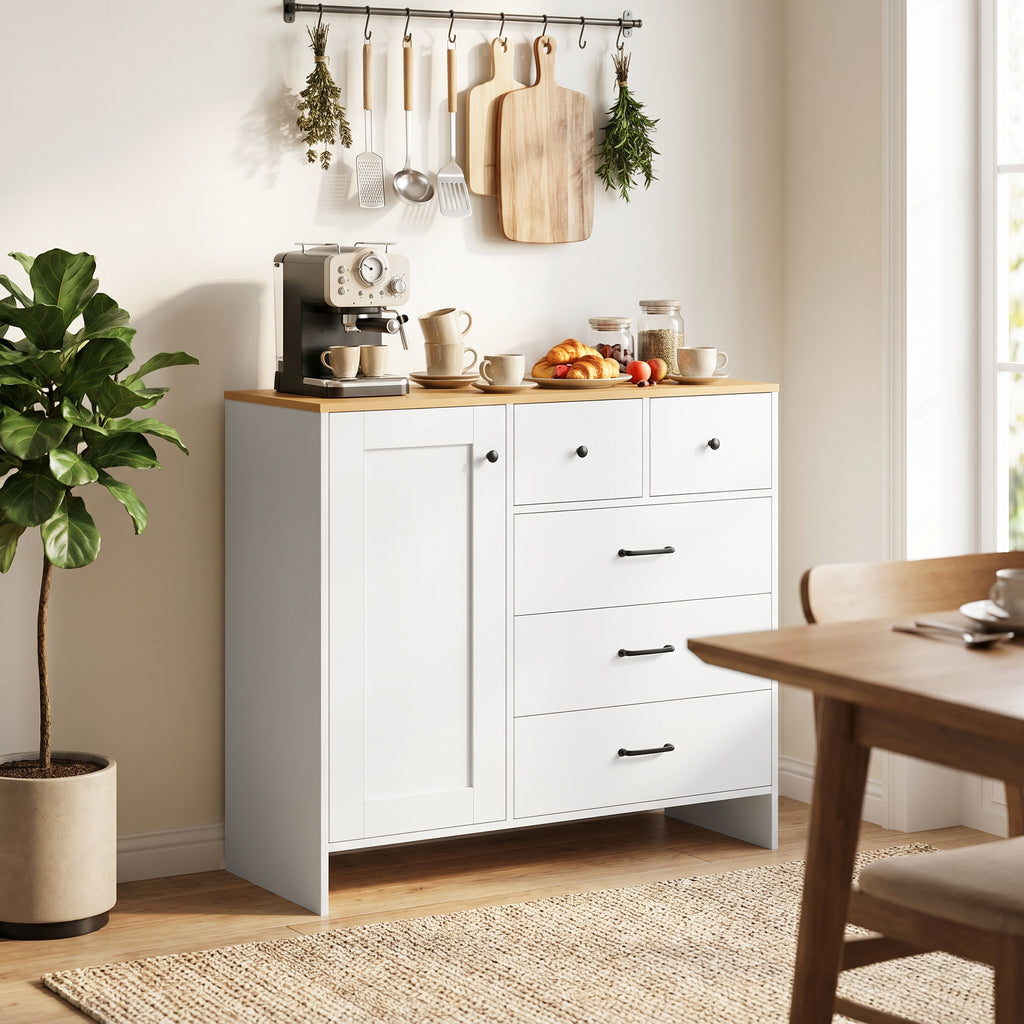 Buffet Cuisine, Meuble de Rangement avec 5 Tiroirs et Porte, Style Rustique, 100 x 40 x 94 cm, Blanc-6