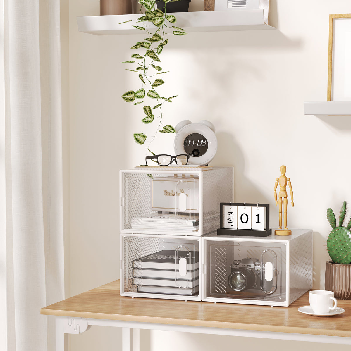 Meuble de rangement modulable, 8 cubes, meuble à chaussures empilables, vêtements, livres, jouets, blanc et transparent-7