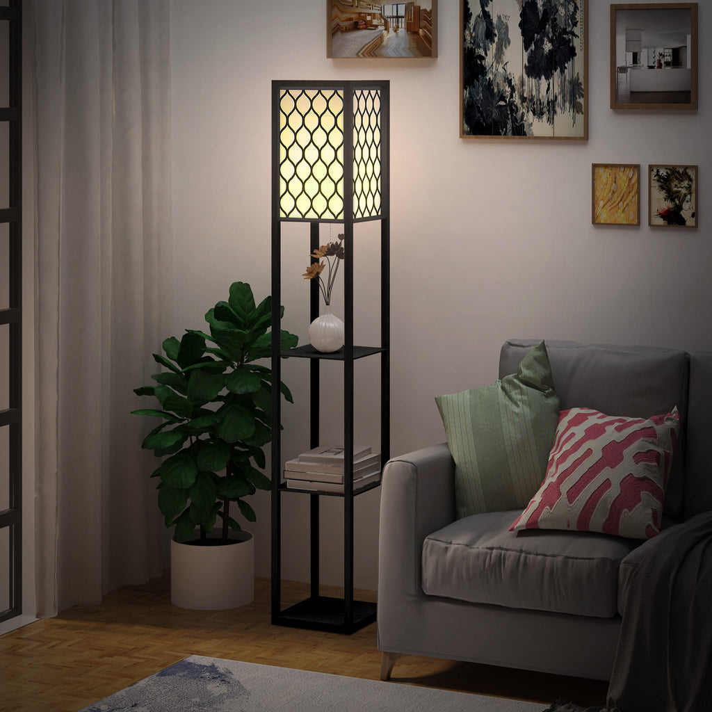 Lampadaire étagère Lampe étagère 26L x 26l x 160H cm 4 Niveaux MDF Noir Motif nid d'abeille-1