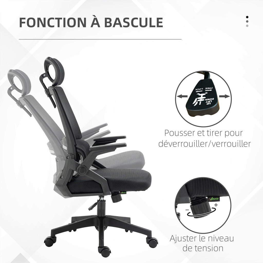 Fauteuil de bureau réglable tissu maille polyester dossier ergonomique inclinable pivotant Noir-4