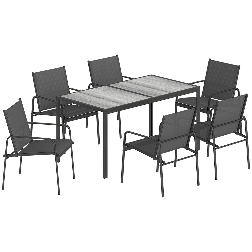 Salon de Jardin Extérieur pour 6 Personnes, Table de Patio Effet Bois et Chaises avec Assise en Maille Respirante, Cadre en Acier Galvanisé, Noir-0