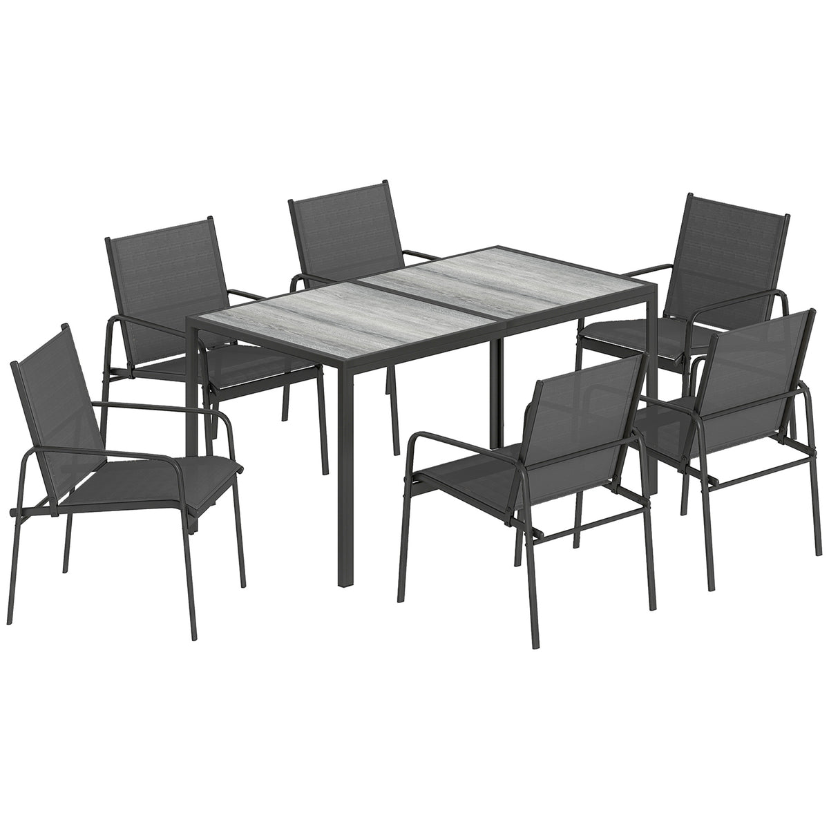 Salon de Jardin Extérieur pour 6 Personnes, Table de Patio Effet Bois et Chaises avec Assise en Maille Respirante, Cadre en Acier Galvanisé, Noir-0