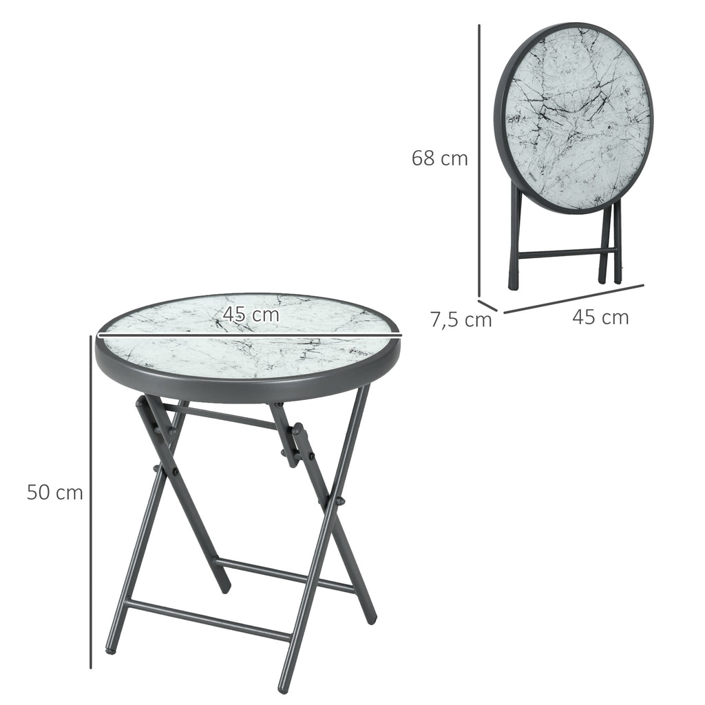 Table basse pliante table d'appoint pliante plateau effet marbre en verre trempé structure métal ronde Ø45 x 50 cm blanc-2