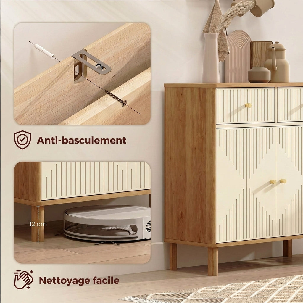 Buffet, meuble de rangement cannelé avec plateau effet chêne, 2 tiroirs, 2 portes, étagère réglable, 77x30x80cm, crème-6