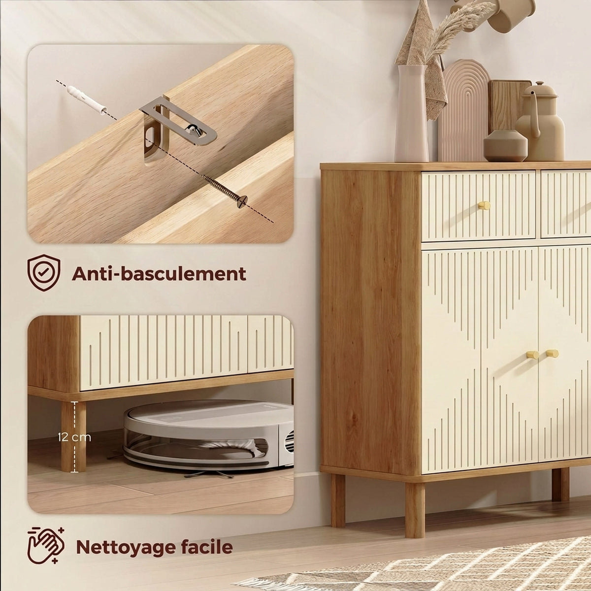 Buffet, meuble de rangement cannelé avec plateau effet chêne, 2 tiroirs, 2 portes, étagère réglable, 77x30x80cm, crème-6