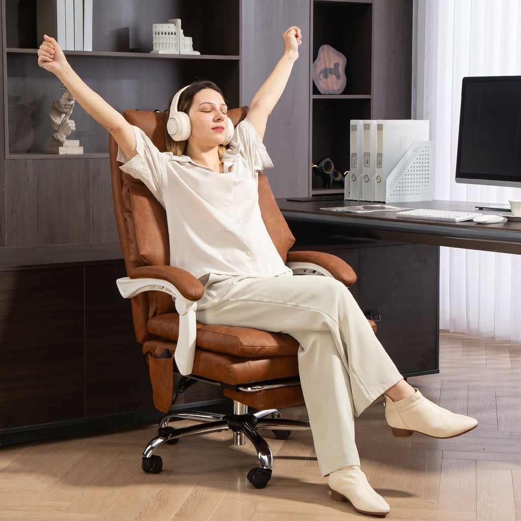 Chaise bureau ergonomique fauteuil de bureau en PU soutien lombaire gonflable dossier inclinable hauteur réglable marron-8