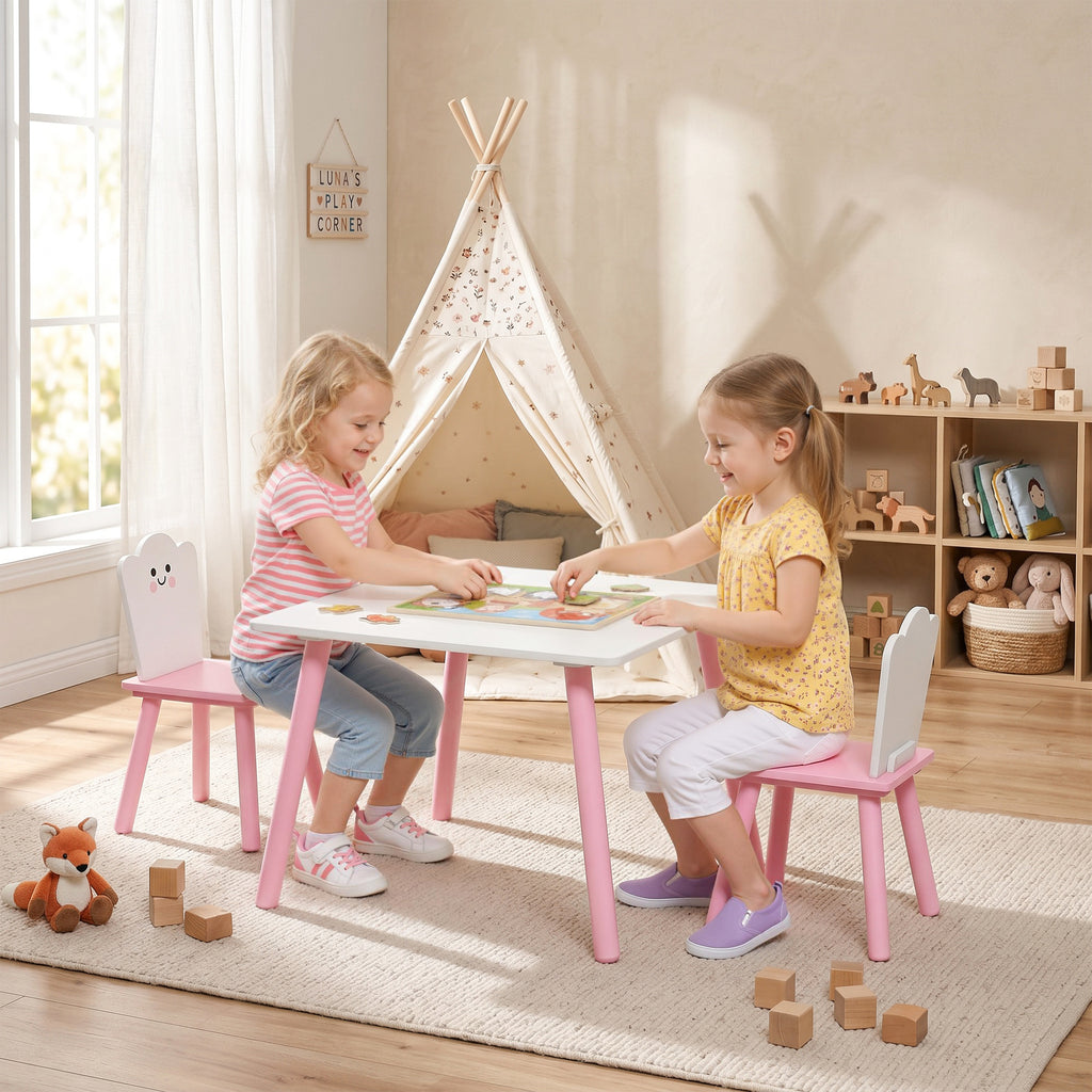 Table enfant avec chaise, ensemble table et 2 chaises en bois pour dessiner, jouer, étudier, rose-8