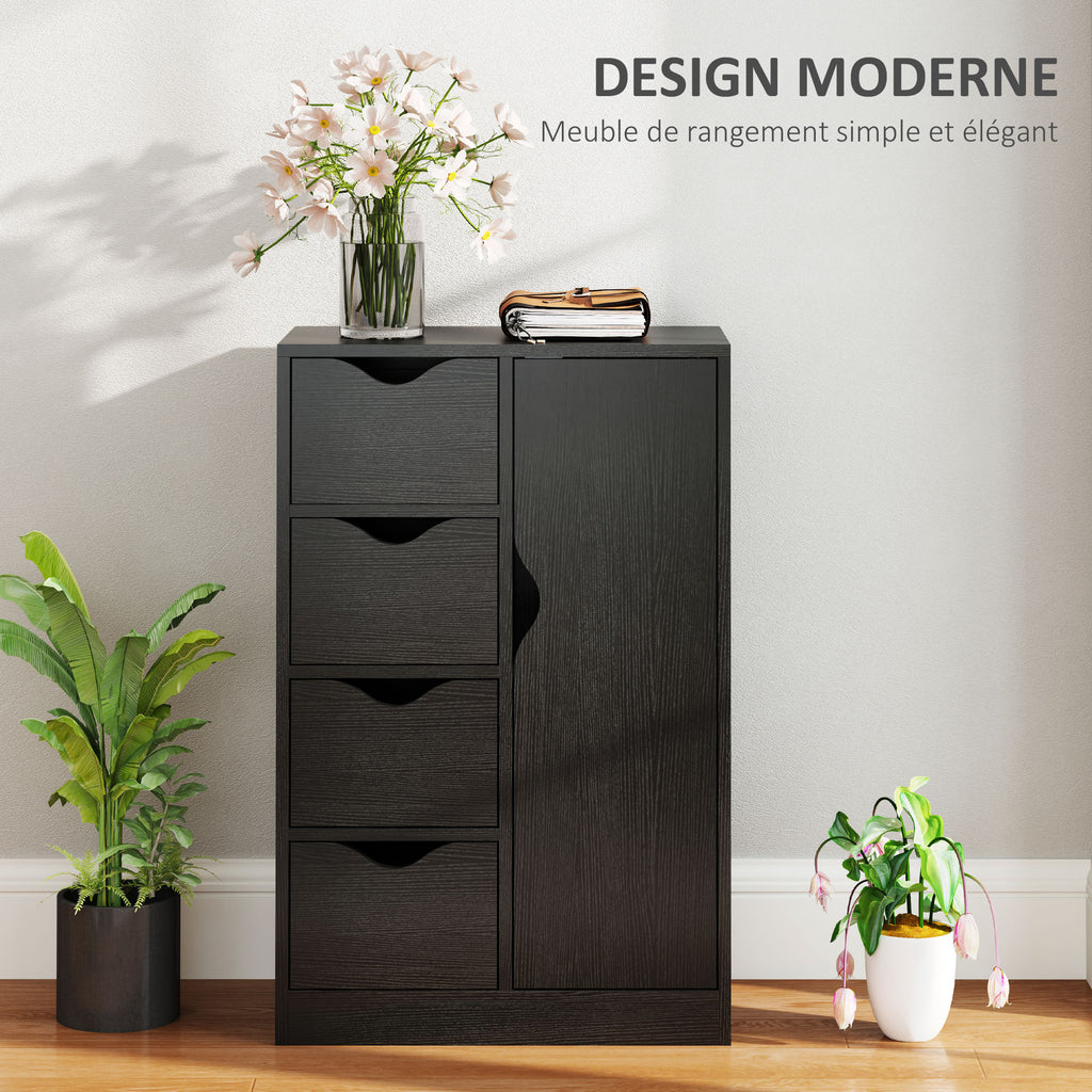 Meuble de rangement buffet commode 1 placard et 4 tiroirs, en bois, pour salon, cuisine, entrée, salle à manger, noir-3