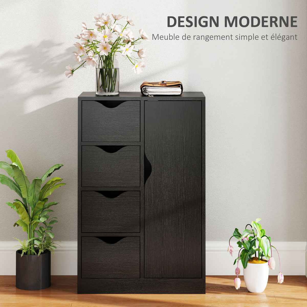 Meuble de rangement buffet commode 1 placard et 4 tiroirs, en bois, pour salon, cuisine, entrée, salle à manger, noir-3