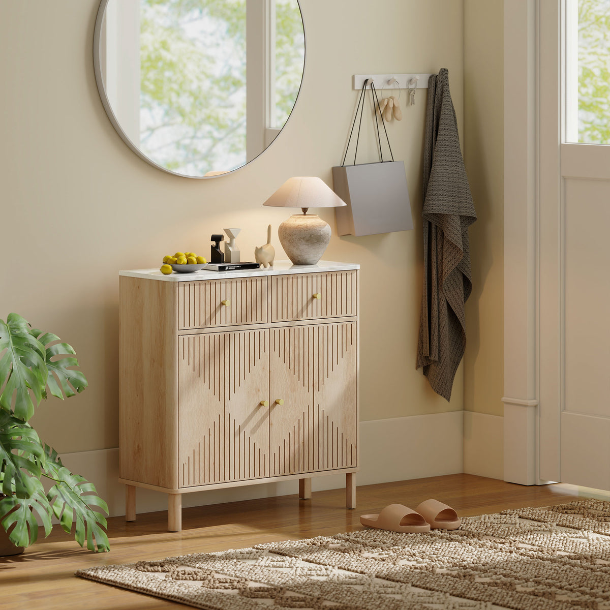 Buffet, meuble de rangement cannelé avec plateau effet marbre, 2 tiroirs, 2 portes, étagère réglable, 77x30x80cm, chêne-8