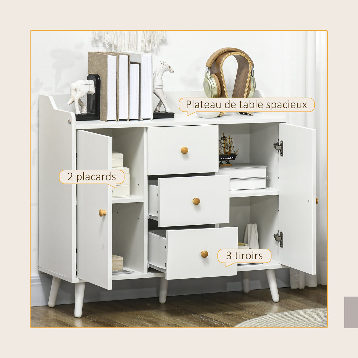 Buffet, meuble de rangement avec 2 portes, 3 tiroirs et pieds en bois massif, style moderne, 90 x 32 x 80 cm, blanc-3