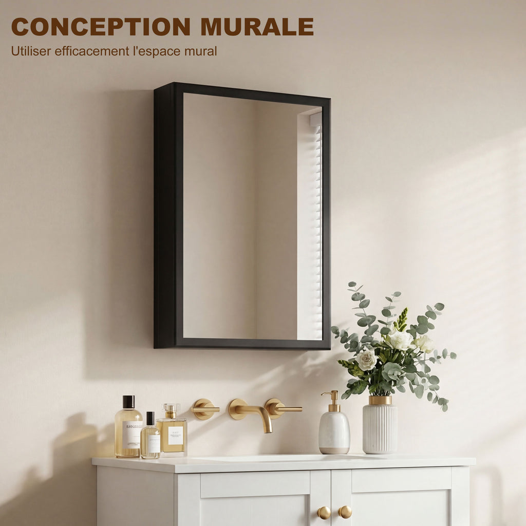 Armoire miroir de salle de bain armoire murale armoire à glace avec 1 porte et 2 étagères en acier 40 x 12 x 60 cm noir-6