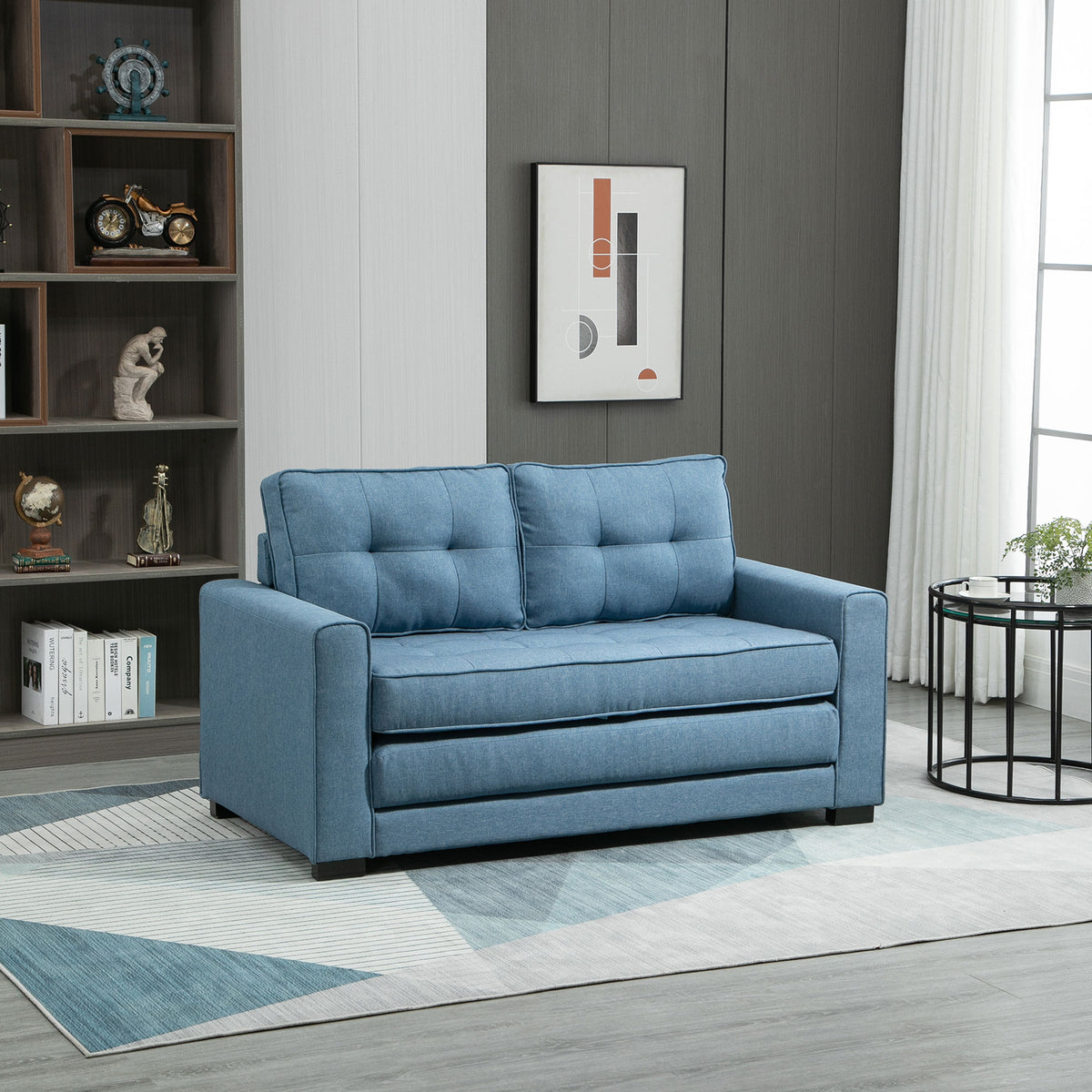 Canapé droit convertible 2 places - dossier capitonné - 147,5 x 75 x 85 cm - bleu-1