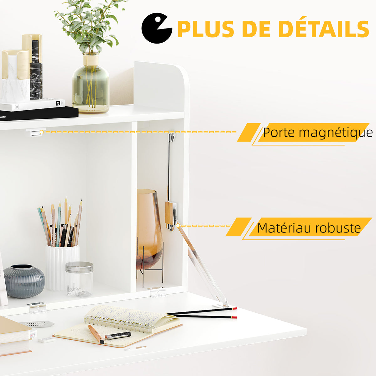 Bureau suspendu table murale table d'ordinateur murale et tablette rabattable avec rangements - 77 x 20 x 51 cm-5