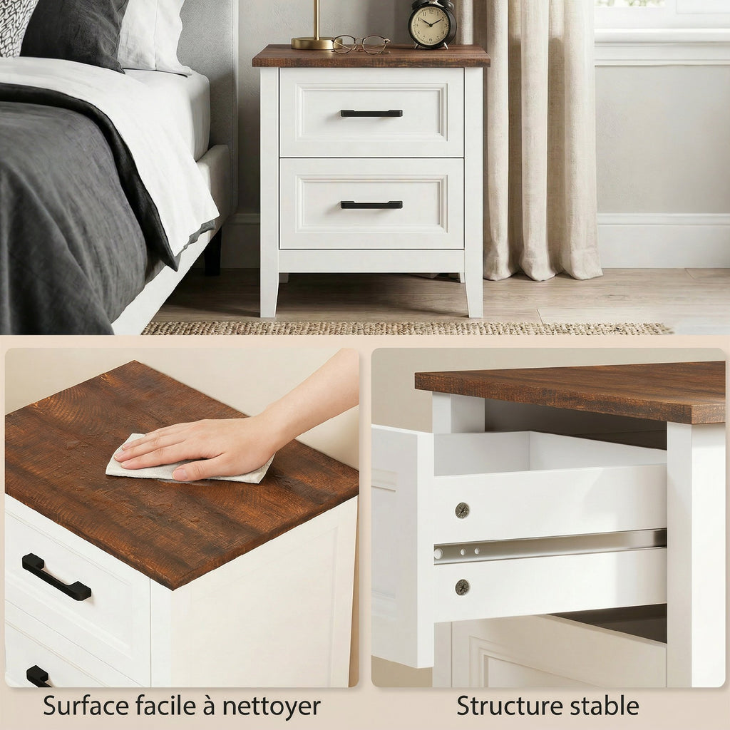 Table de chevet, table de nuit avec 2 tiroirs, plateau effet bois, style rustique, pour chambre à coucher, salon, blanc-5