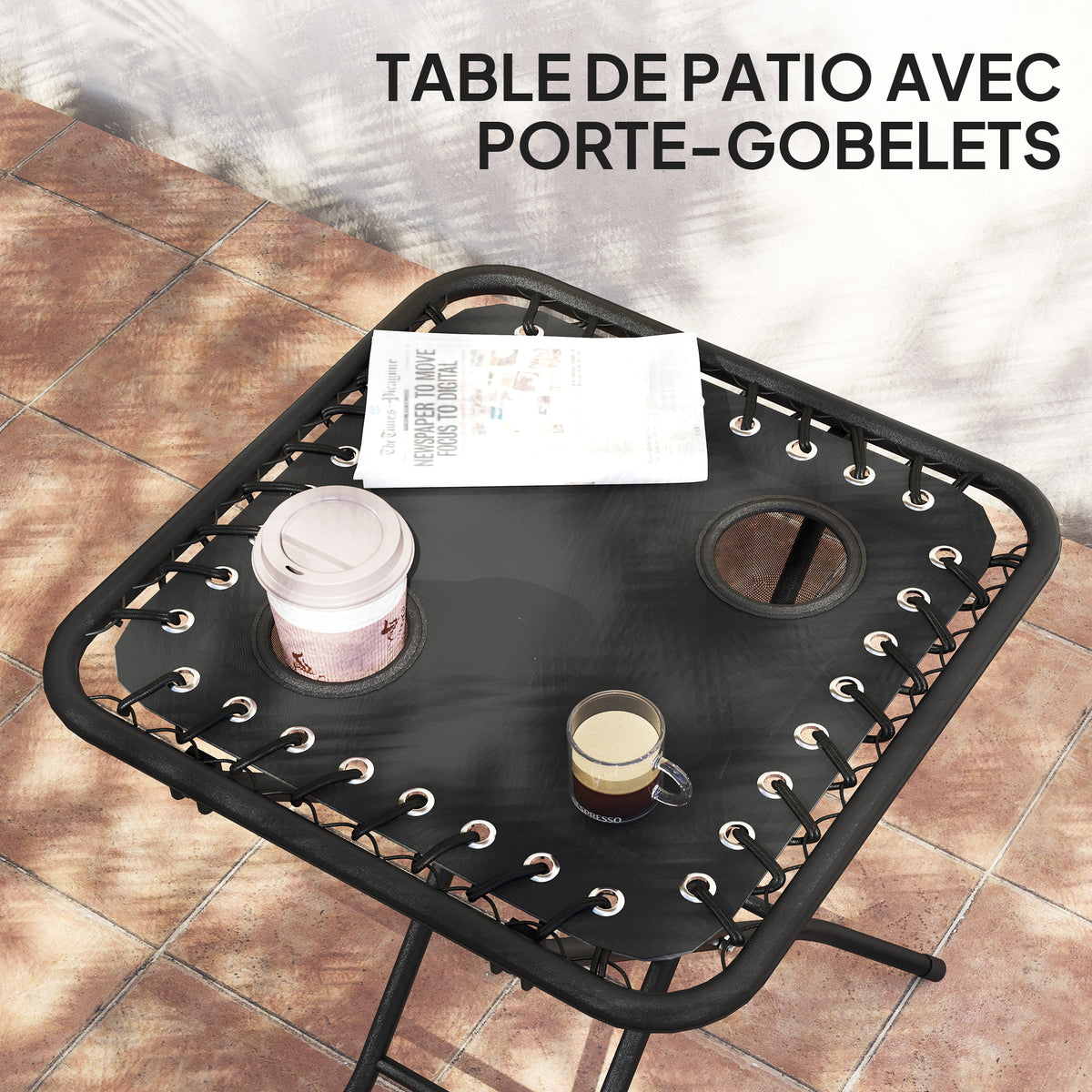 Lot de 2 chaise longue pliable et inclinable avec table d'appoint, porte-gobelets et appuie-têtes, charge 120 kg, noir-4