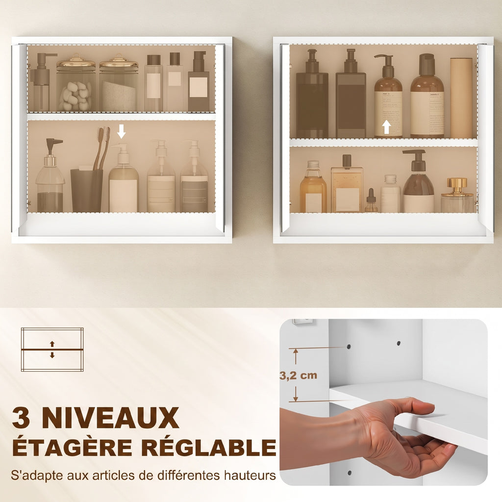Armoire Murale Miroir Salle de Bain 2 étagères dim. 48L x 14l x 45H cm Panneaux Particules MDF Blanc-4