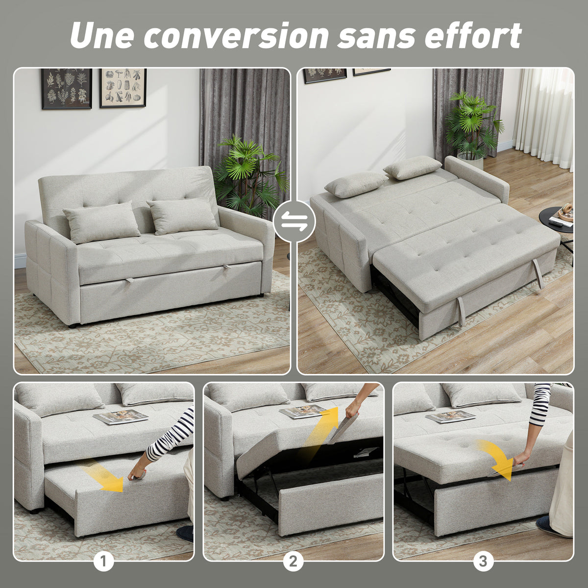 Canapé convertible 2 places 3 en 1, canapé-lit clic-clac, lit gigogne, dossier réglable, 158x85x85cm, marron clair-3