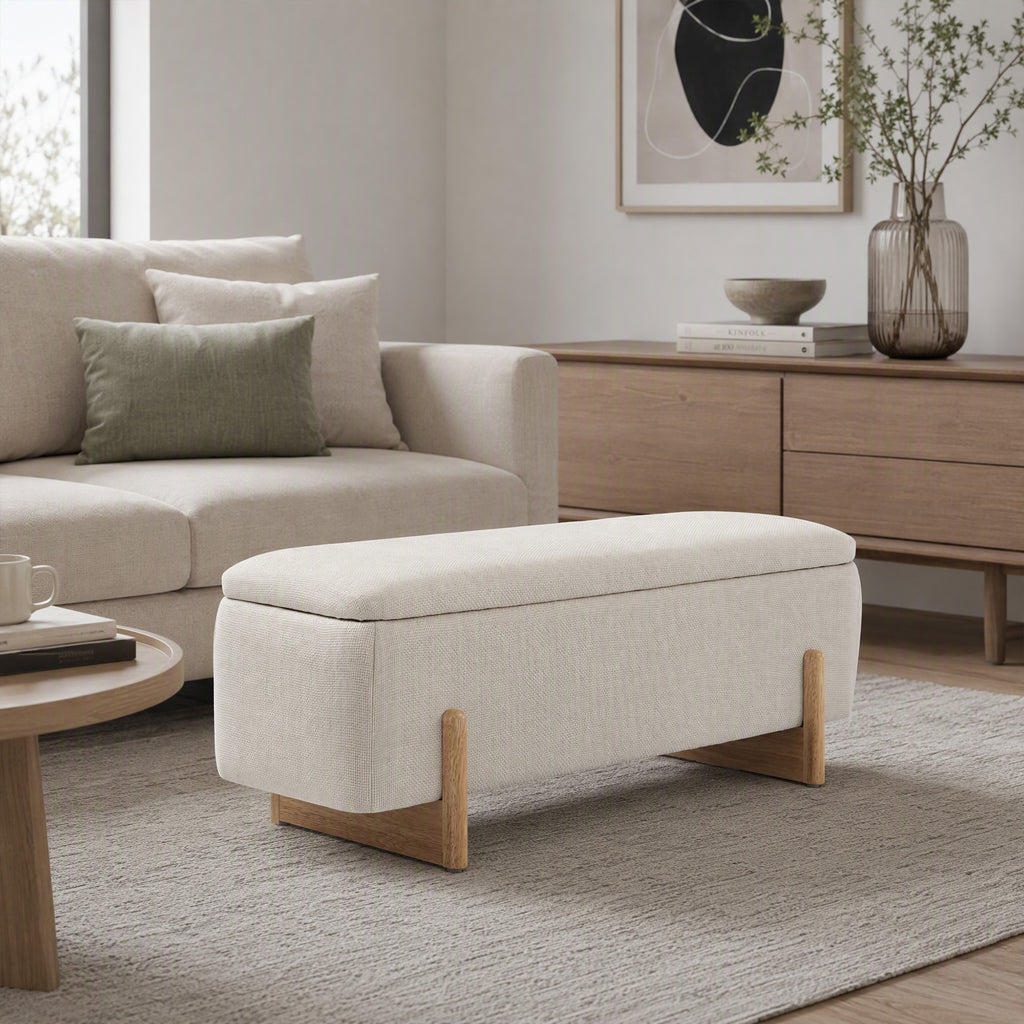 Banc de Rangement, Bout de Lit Rembourré, Charnières de Sécurité, Pieds Forme U en Bois d'Hévéa Stable, Crème-7
