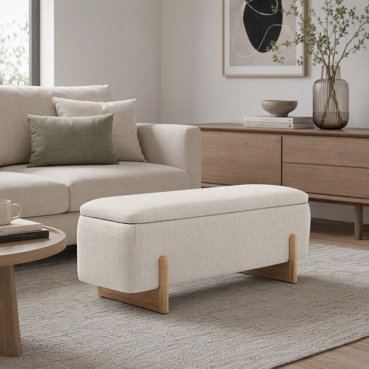 Banc de Rangement, Bout de Lit Rembourré, Charnières de Sécurité, Pieds Forme U en Bois d'Hévéa Stable, Crème-7