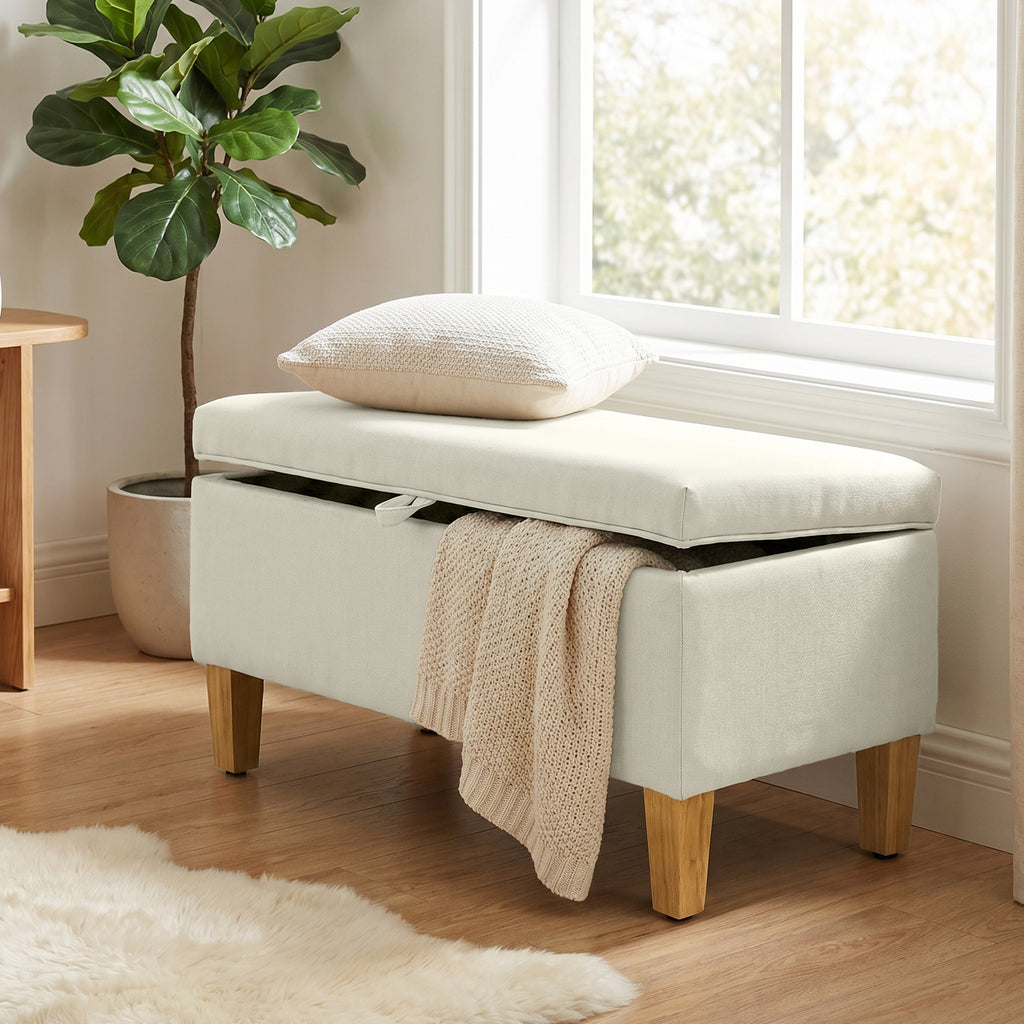 Banc de rangement, bout de lit, repose-pieds rembourré en lin avec pieds en bois de caoutchouc, 71x37x36cm, beige-1