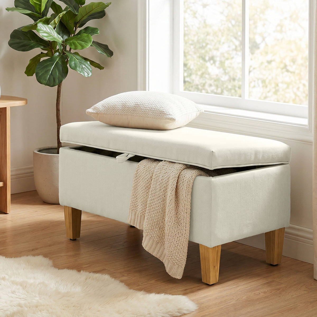 Banc de rangement, bout de lit, repose-pieds rembourré en lin avec pieds en bois de caoutchouc, 71x37x36cm, beige-1