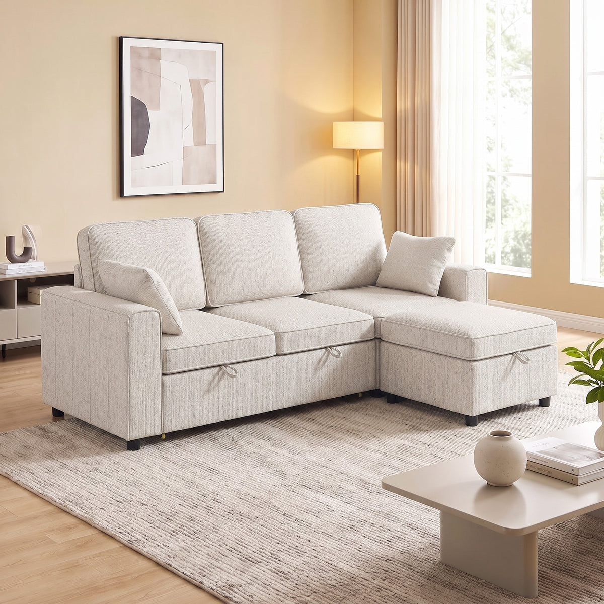 Canapé d'Angle Convertible en Chenille, Canapé-Lit 3 Places Modulaire 225 cm avec Pouf de Rangement, Beige-1