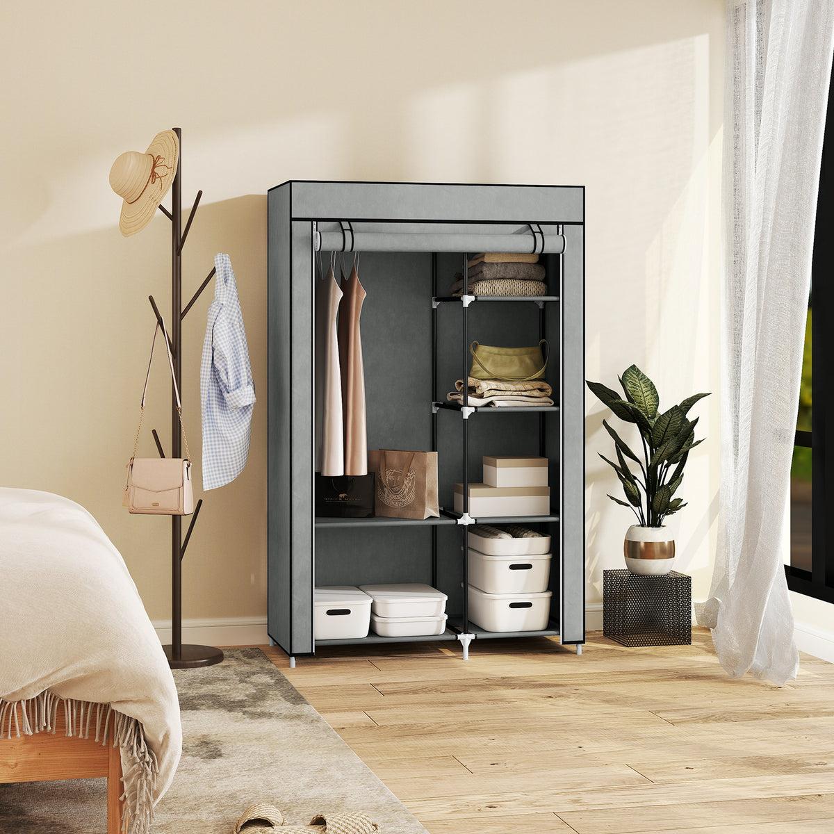 Armoire penderie multi-rangement - 6 étagères, 1 barre - non tissé gris clair-6