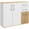Buffet, meuble de rangement avec 3 portes, 2 tiroirs et étagère réglable, 90 x 30 x 75,5 cm, blanc et bois naturel-0