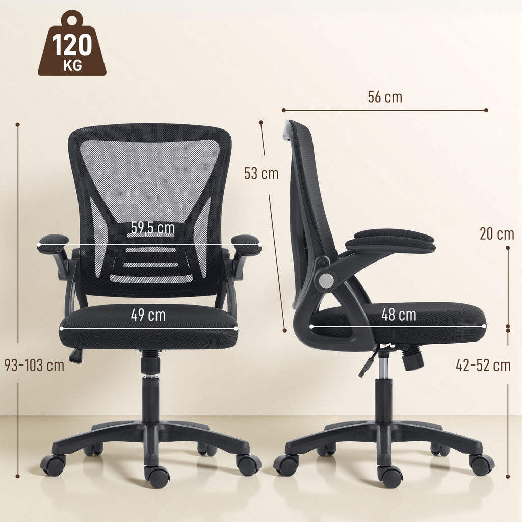 Chaise bureau ergonomique, fauteuil de bureau en maille, accoudoirs relevables, hauteur réglable, 59,5x56x103cm, noir-2