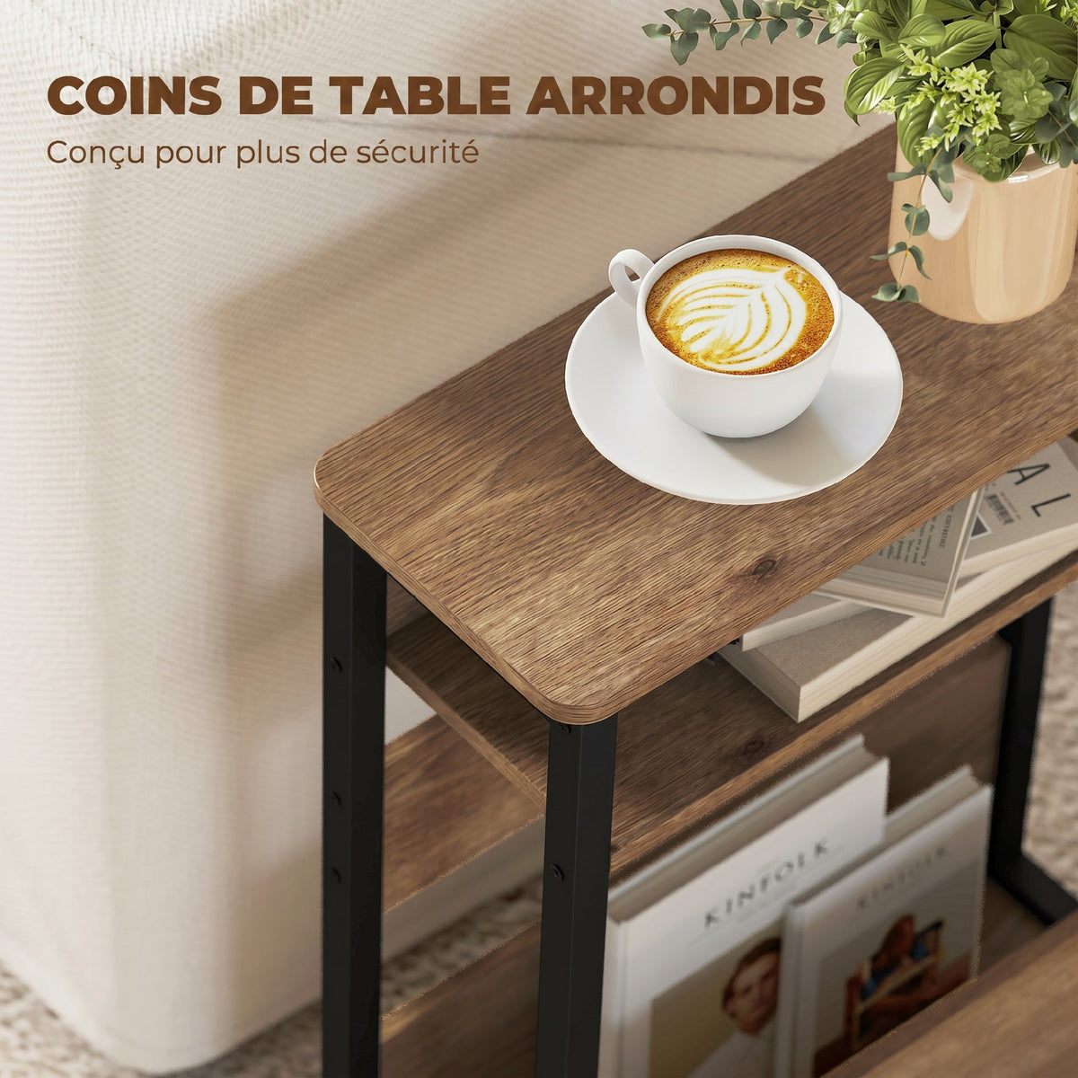 Table d'appoint table de chevet avec étagère à deux niveaux coins arrondis 46l x 18P x 58,5H cm noyer-5