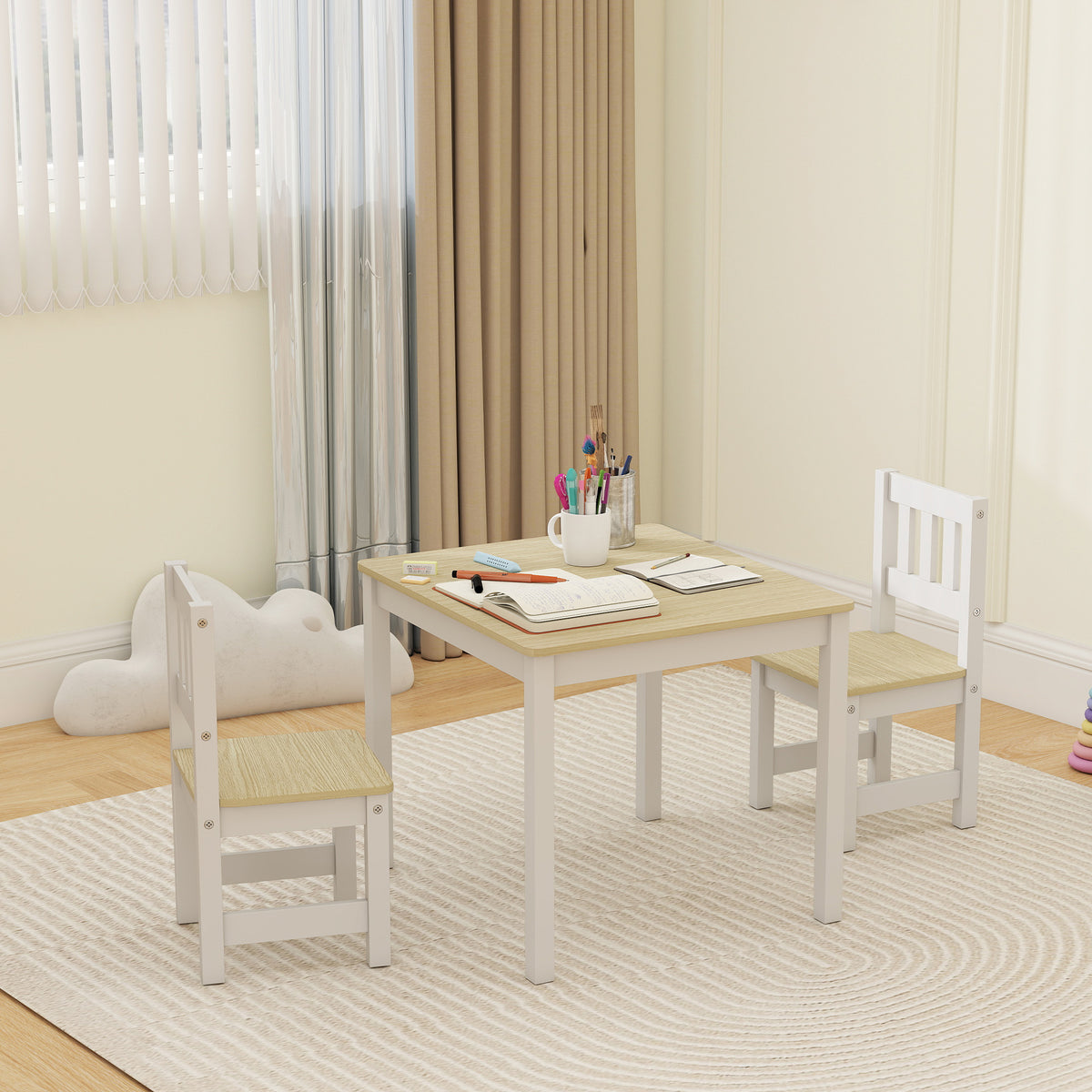 Table enfant avec chaise, lot table et 2 chaises enfant en bois pour dessiner, jouer, étudier, 56x52x48cm, bois naturel-9