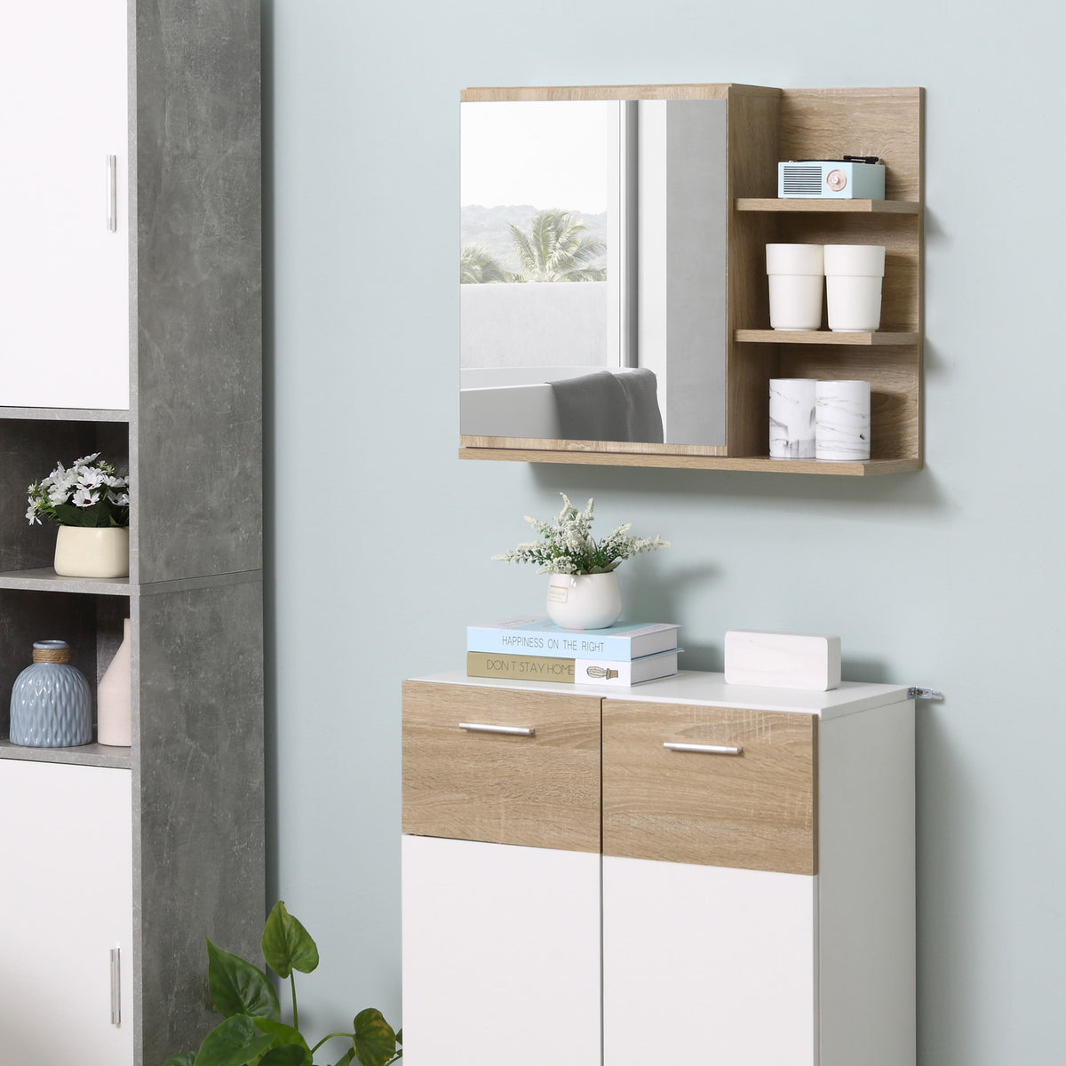 Armoire Miroir de Salle de Bain avec étagère - 3 étagères latérales - kit Installation Murale fourni - Panneaux Particules Aspect chêne Clair-6