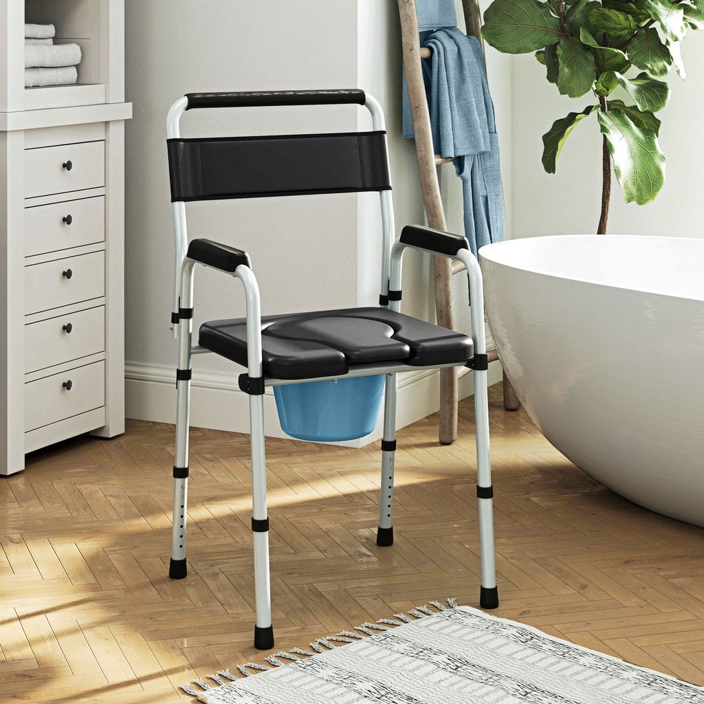 Chaise percée toilette pliable antidérapante hauteur réglable, siège et accoudoirs rembourrés, charge 150 kg, noir-9