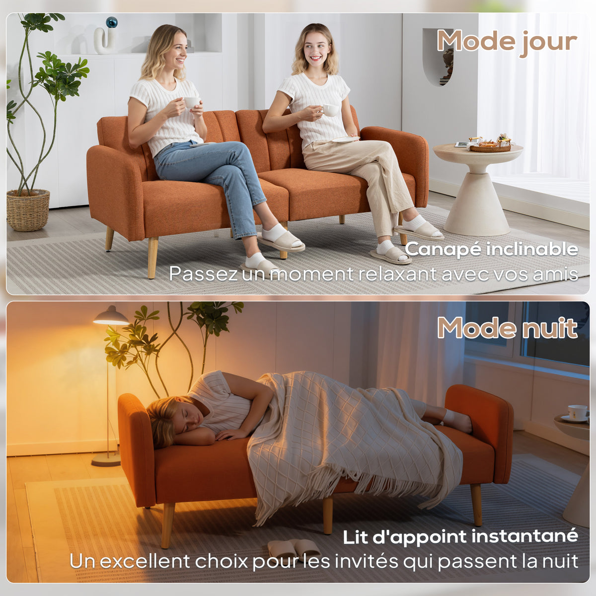 Canapé Convertible 2 Places Design scandinave Dossier inclinable 3 Positions Pieds Bois Tissu Aspect Lin marron-6