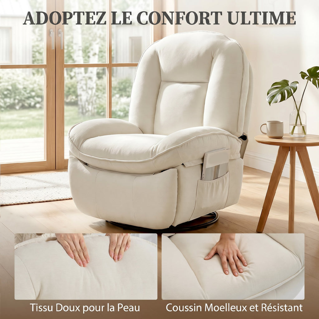 Fauteuil inclinable en chenille, fauteuil de relaxation pivotant à 360°, assise large, poches latérales, crème-4