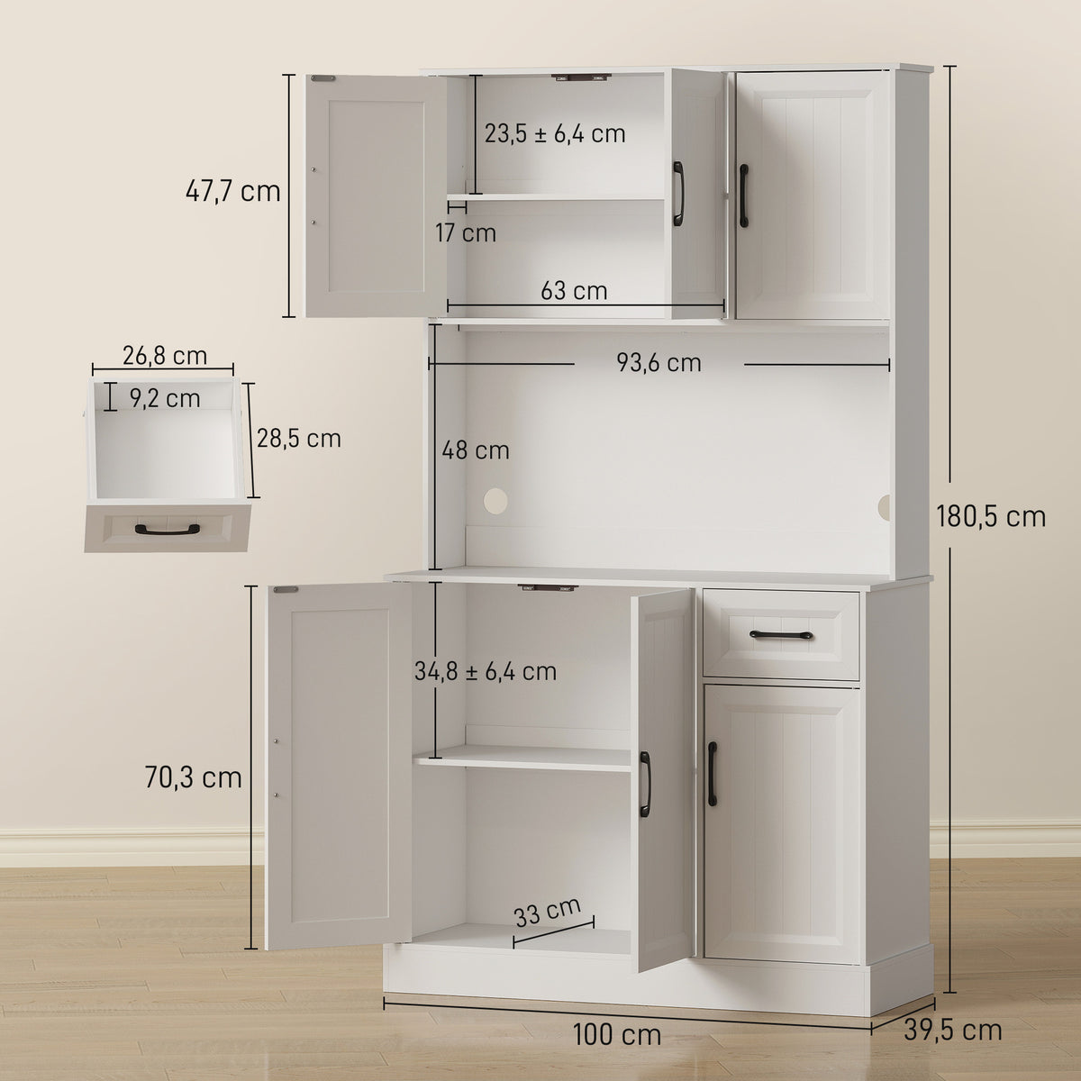 Buffet Haut Cuisine Moderne, 6 Portes, 1 tiroir, 1 Compartiment Ouvert, Étagères Réglables, 100 x 39,5 x 180,5 cm, Blanc-2