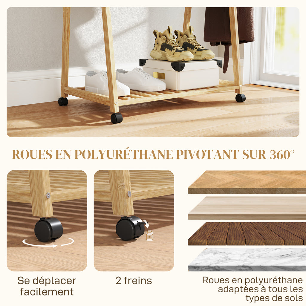 Portant à vêtement portemanteau en bambou sur roulettes avec 2 étagères et 2 crochets, pour entrée, chambre-4
