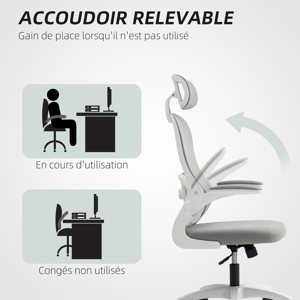 Chaise Bureau Ergonomique, Fauteuil de Bureau en Maille avec Accoudoirs Rabattables, Hauteur Réglable, 64x62x115cm, Gris-7