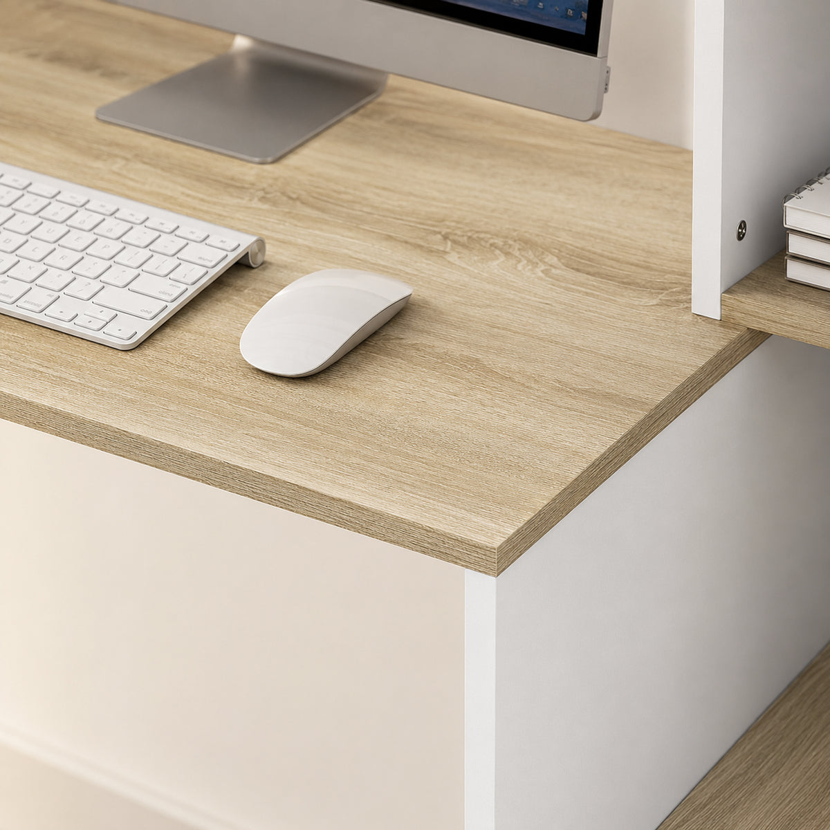 Bureau Informatique, 114 x 45 x 138 cm, Bureau avec Rangement, Étagères Ouvertes et Support UC, Blanc et Bois Naturel-9