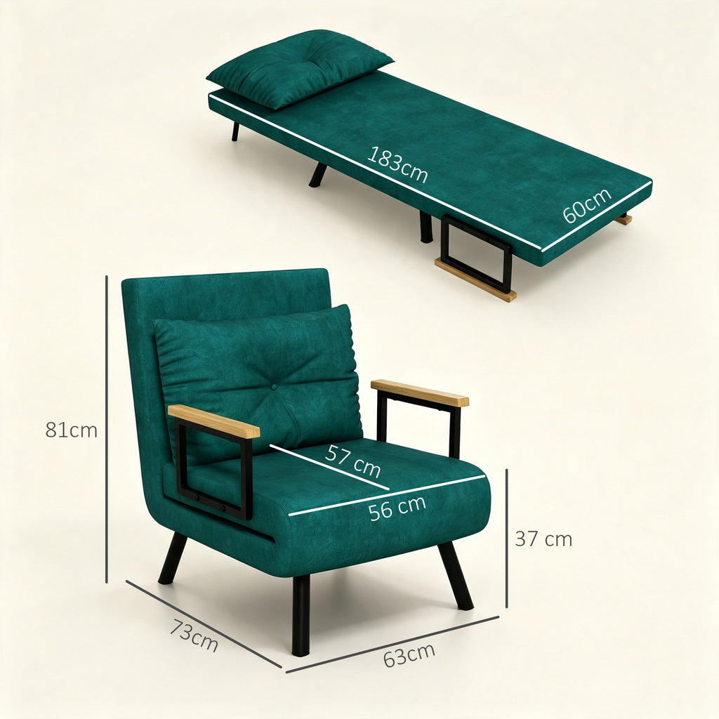 Fauteuil convertible 1 place fauteuil-lit chauffeuse 3 en 1 dossier réglable oreiller tissu velours 63x73x81cm vert-2