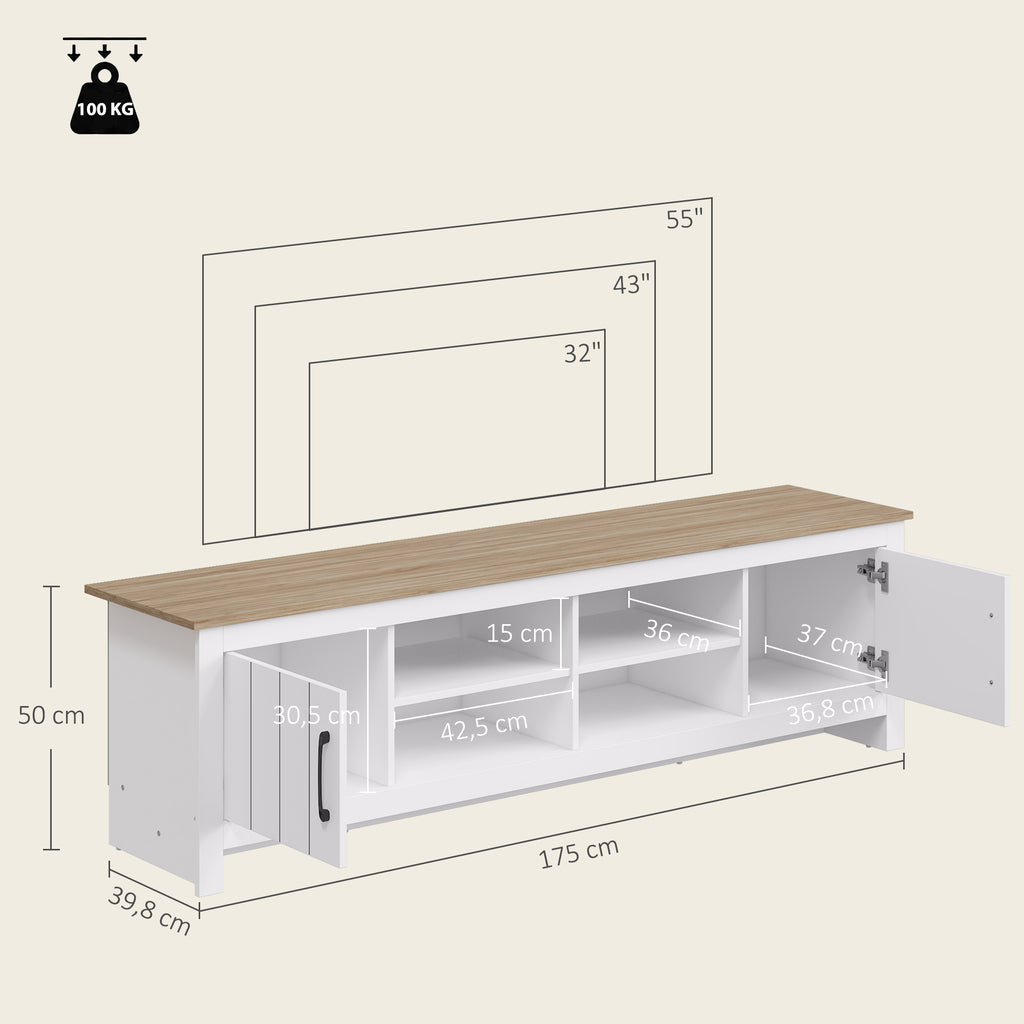 Meuble TV 175 cm, Meuble Télé pour Téléviseur jusqu'à 55 Pouces avec 2 Portes et 4 Compartiments Ouverts, Chêne et Blanc-2
