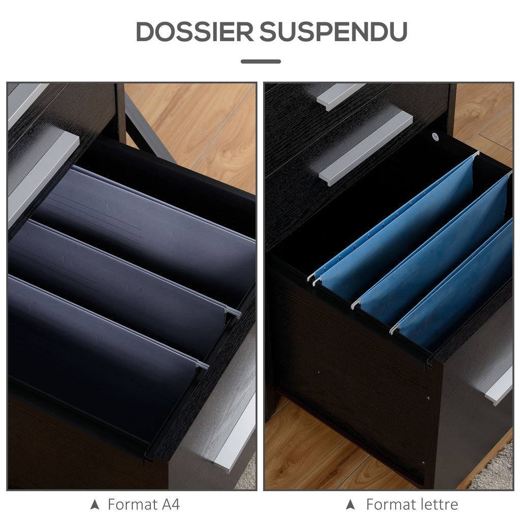 Caisson de bureau rangement bureau sur roulettes 3 tiroirs 1 verrouillable 1 trieur dossiers en bois noir-4