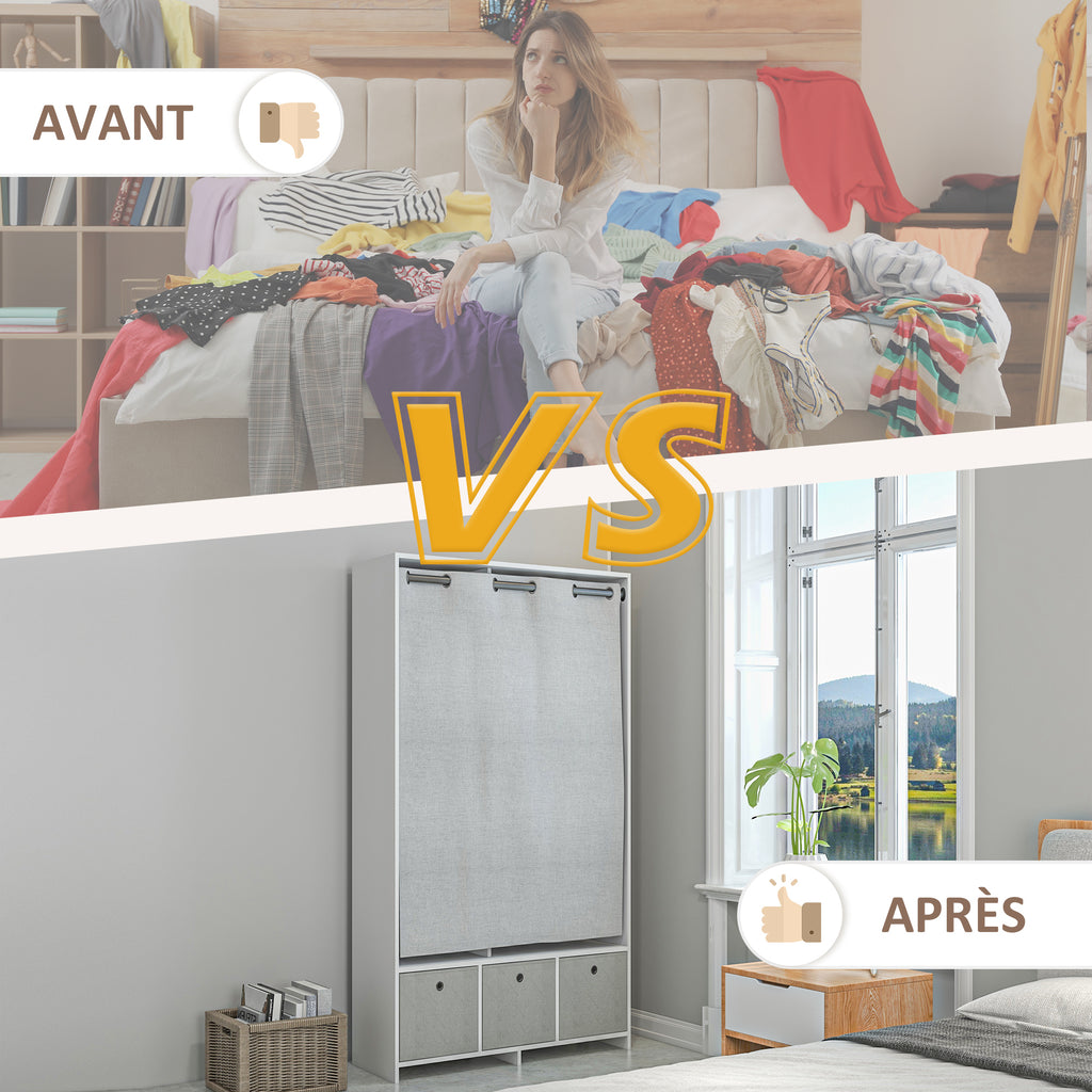 Armoire penderie armoire de rangement avec tringle rideaux 3 tiroirs en tissu amovibles 105 x 48 x 160 cm blanc-5