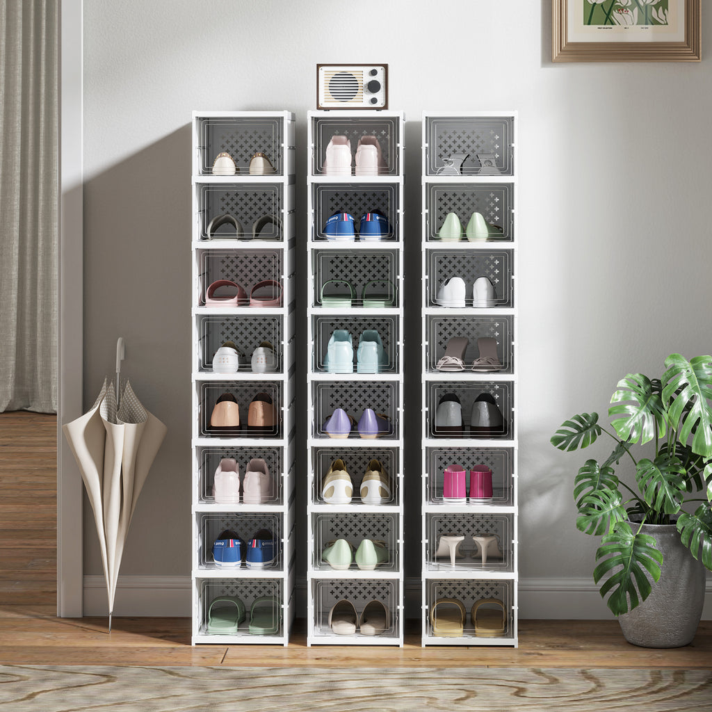 Lot de 8 boîtes à chaussures pliables en plastique empilables avec couvercles, pour pointure jusqu'à 43, blanc-6