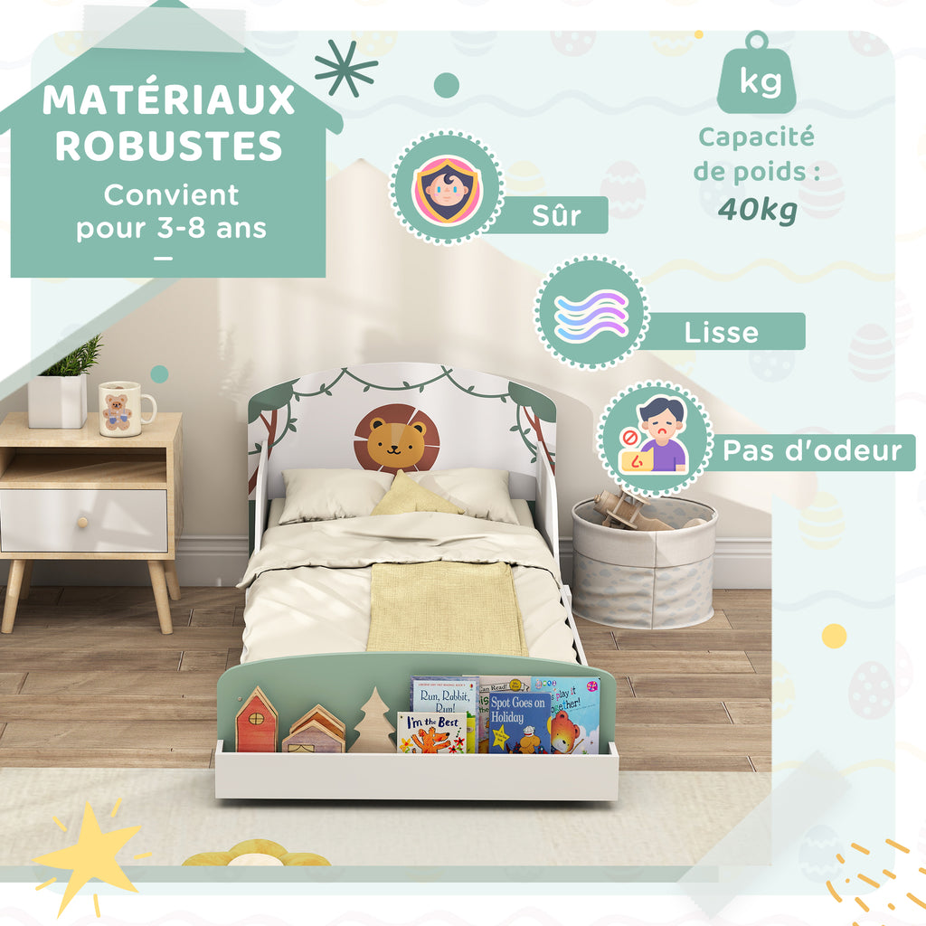 Lit enfant 70 x 140 cm, lit pour enfant avec barriere de securite et sommier à lattes, espace de rangement, vert-6