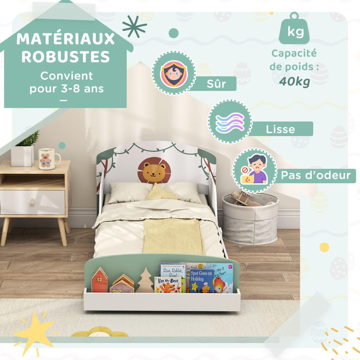 Lit enfant 70 x 140 cm, lit pour enfant avec barriere de securite et sommier à lattes, espace de rangement, vert-6
