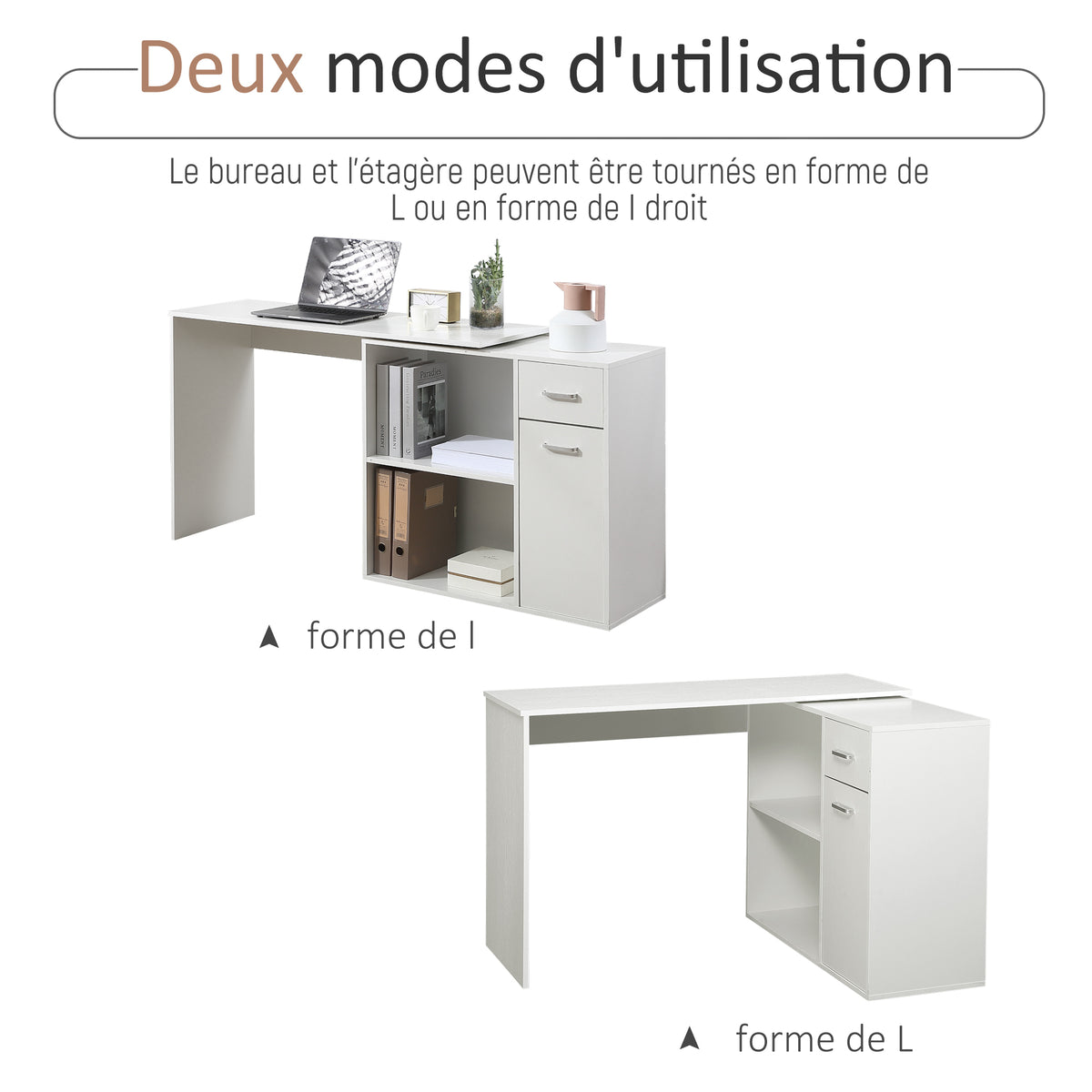 Bureau d'angle rotatif à 180°, bureau d'ordinateur, bibliothèque, tiroir, placard, poste de travail, 117x82x74cm, blanc-4